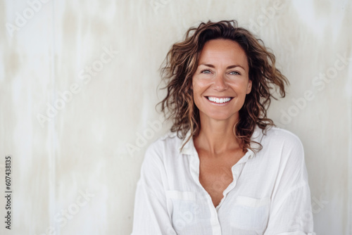 Smiling woman in white shirt isoalted against a white wall. Generative AI.