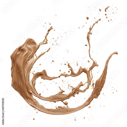 Illustration of melted and splashed chocolate element isolatedonwhitebackground. pouring flowing chocolate. Transparent PNG is available. generative AI.