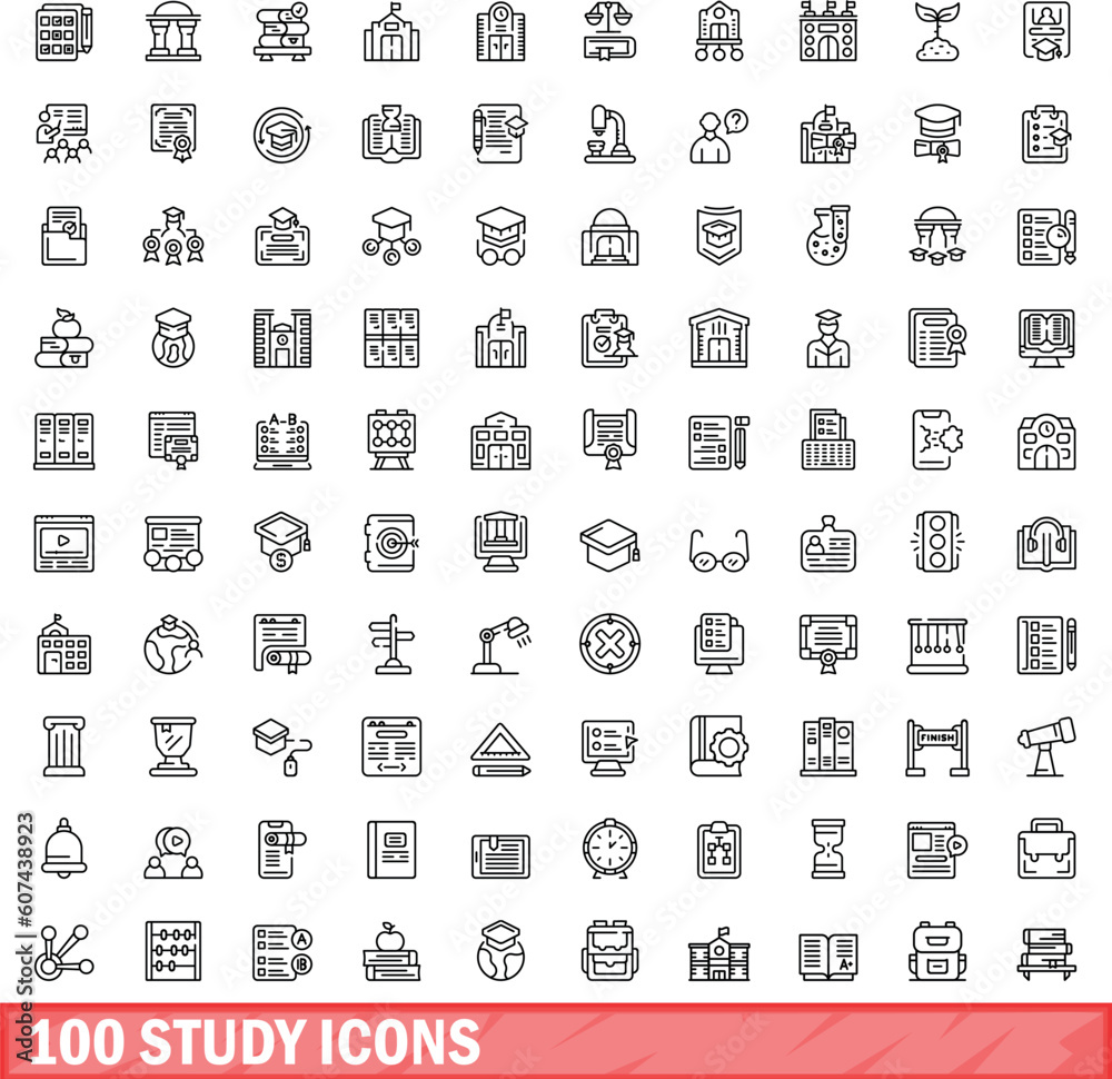 100 study icons set. Outline illustration of 100 study icons vector set isolated on white background 100 study icons set. Outline illustration of 100 study icons vector set isolated on white background