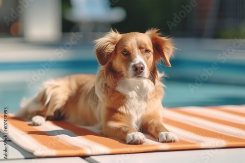 Cute dog lying on cool mat outdoors in hot day, summer heat. AI Generated