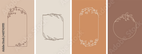 Elegant frames with hand drawn flowers and leaves, design templates in line style. Vector backgrounds for wedding invitations, greeting cards, social media stories, label, corporate identity