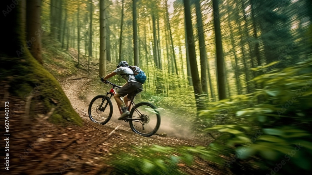 A man rides a bike through the forest. Generative AI A man rides a bike through the forest. Generative AI