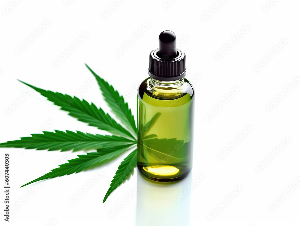 Cosmetic glass bottle on leaf of cannabis on white background. Concept of using cannabidiol and hemp oil in cosmetology and dermatology. AI generative.