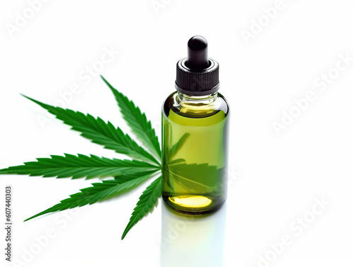Cosmetic glass bottle on leaf of cannabis on white background. Concept of using cannabidiol and hemp oil in cosmetology and dermatology. AI generative.