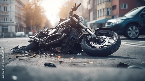 Fragments of a broken motorcycle on the pavement. Generative AI photo
