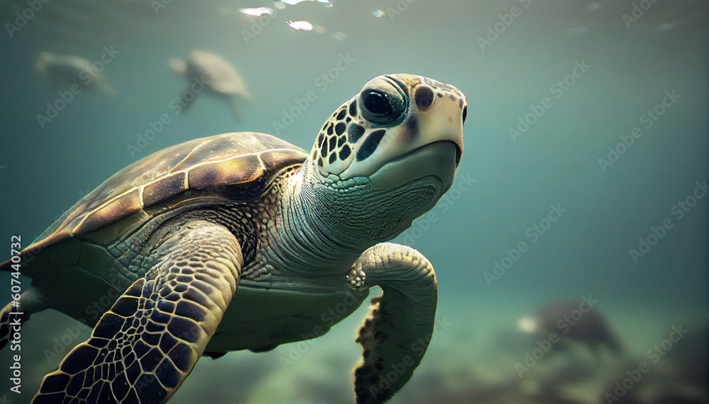 Fototapeta premium Portrait of a sea turtle swimming underwater. Generative AI