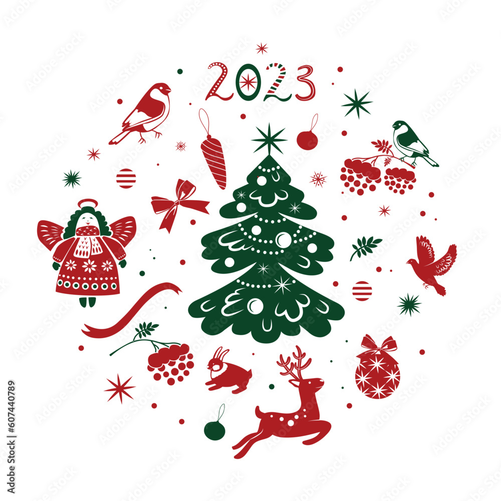 Christmas tree and new year birds, angel, ribbon Christmas tree and new year birds, angel, ribbon