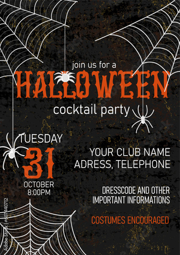Halloween cocktail party invitation with spiders and spider webs on dark background. Holiday design template. Vector illustration