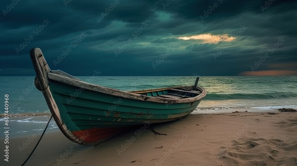Ein altes Fischerboot am Strand vor bewölktem und stürmischen Himmel, Generative AI