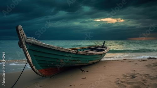 Ein altes Fischerboot am Strand vor bewölktem und stürmischen Himmel, Generative AI © Jennifer