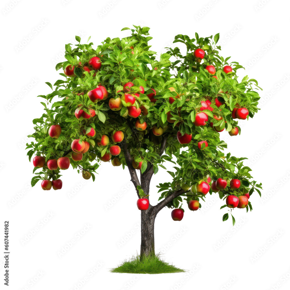 Apple tree isolated on transparent background, Red ripe fruits and green foliage, PNG, Generative AI Apple tree isolated on transparent background, Red ripe fruits and green foliage, PNG, Generative AI