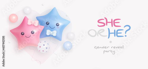He or she. Boy or Girl. Cartoon gender reveal invitation template. Horizontal banner with realistic helium balloons. Vector illustration