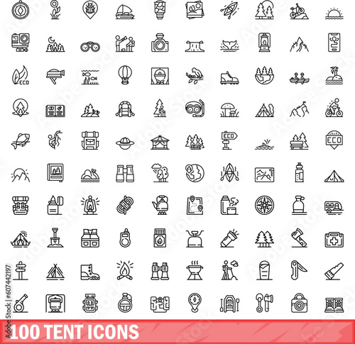 100 tent icons set. Outline illustration of 100 tent icons vector set isolated on white background