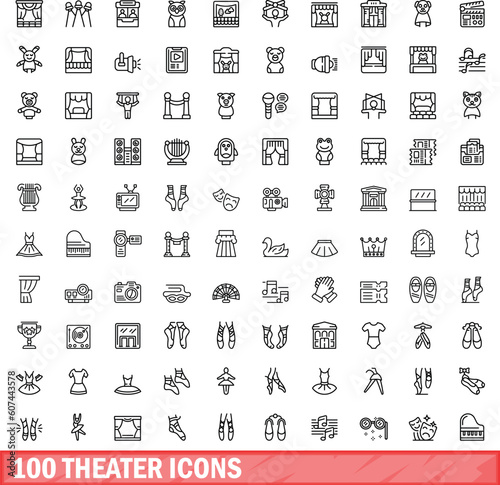 100 theater icons set. Outline illustration of 100 theater icons vector set isolated on white background