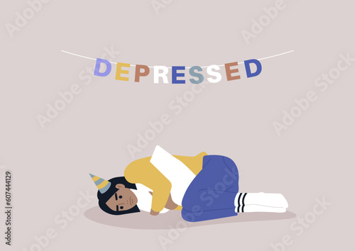 Sad birthday party, a young character squeezing a pillow, grief and sorrow concept, depression and anxiety, a garland with colorful letters reading depressed