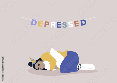 Sad birthday party, a young character squeezing a pillow, grief and sorrow concept, depression and anxiety, a garland with colorful letters reading depressed