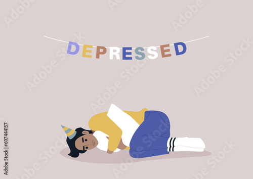 Sad birthday party, a young character squeezing a pillow, grief and sorrow concept, depression and anxiety, a garland with colorful letters reading depressed