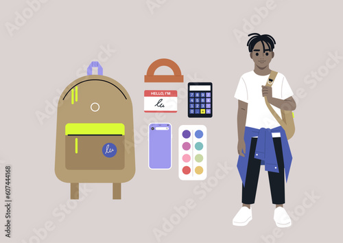 A full body portrait of a school kid carrying a backpack on one strap, a set of colorful stationery