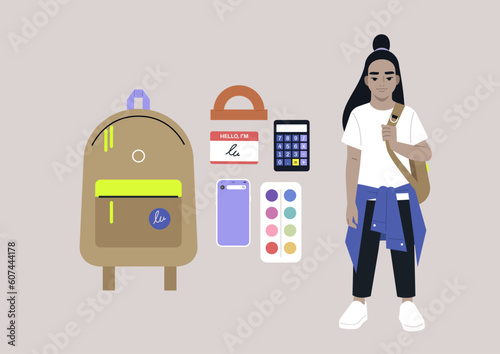 A full body portrait of a school kid carrying a backpack on one strap, a set of colorful stationery