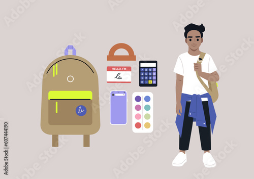 A full body portrait of a school kid carrying a backpack on one strap, a set of colorful stationery
