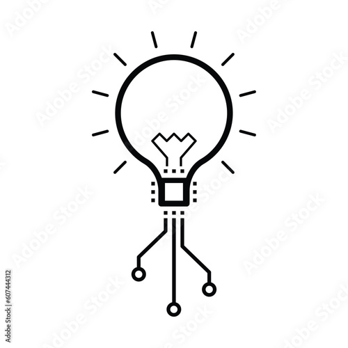 Lit light bulb connected with computer chip and digital circuit as a gimmick of digital thinking. Vector illustration outline flat design style.