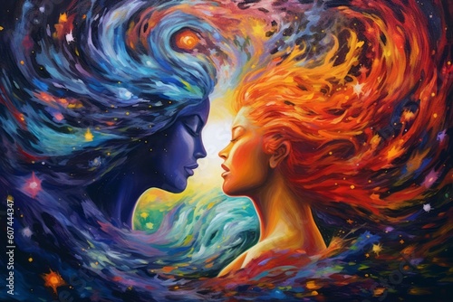 A surreal composition featuring two figures embracing amidst a swirling galaxy of vivid colors and stars, evoking a sense of cosmic love and eternal connection. Generative Ai