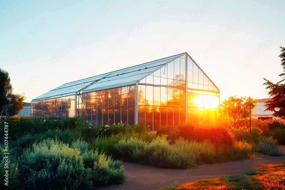 Fototapeta premium Warehouse with stainless steel tension structure and polycarbonate cladding, with piping on the roof