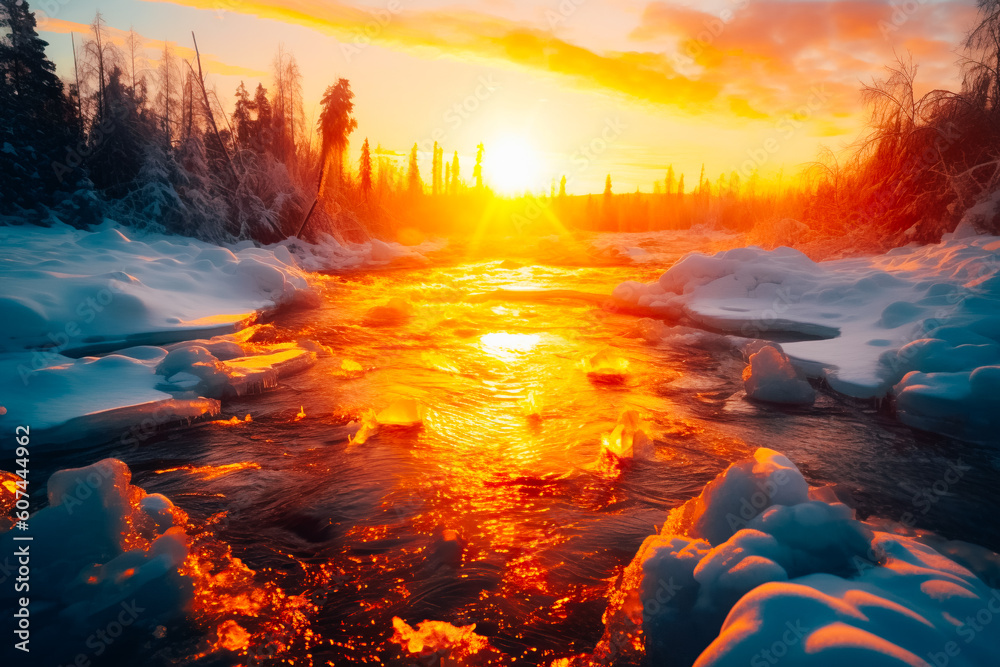 Frozen river at sunset
