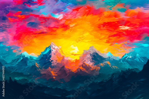 Bright abstract oil painting of a mountain landscape at sunset