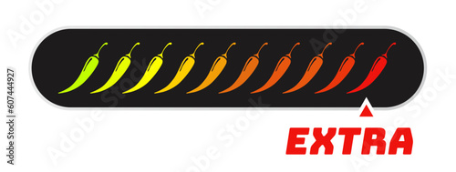 Spicy chilli extra level isolated on white background. Pepper sauce with fire flame. Vector Illustration 10 eps