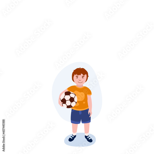 Small Boy With Ball illustration. Kid, ball, t-shirt, shorts. Editable vector graphic design.