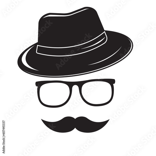 Gentleman icon. Hat. Glasses. Mustache. Vector icon Unknown man with a mustache in the hat  glasses. Inspector or detective icon.