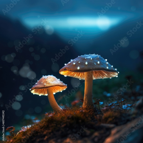 amanita muscaria fly agaric, fly agaric mushroom, fly mushroomm mushrooms in the forest, bioluminescent mushrooms