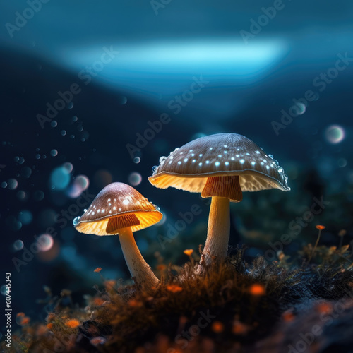 fly mushroomm mushrooms in the forest, bioluminescent mushrooms