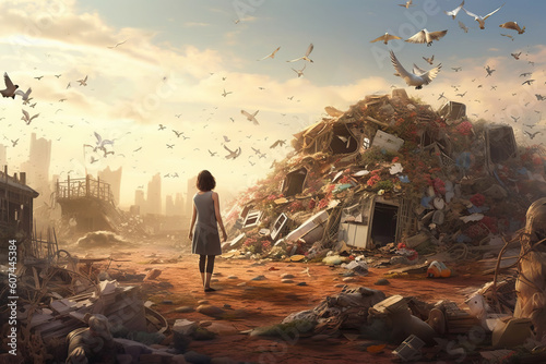 back view of woman looking a mountain of garbage in a junkyard dump photo
