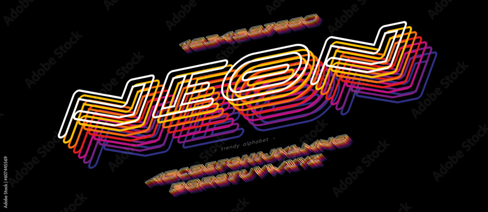 Neon font vector 3D modern line style trendy typography for infographics, motion graphics, video, promotion, decoration, logotype, party poster, t shirt, book, animation, banner, game, printing. 10