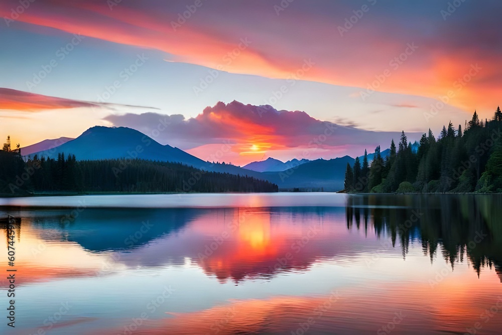 A breathtaking sunset over a serene lake, with vibrant hues of orange, pink, and purple painting the sky