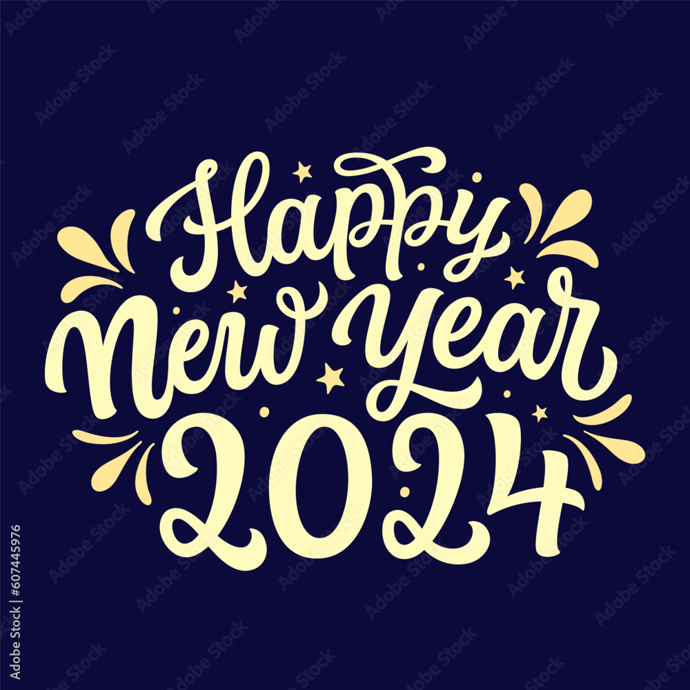 Happy New Year 2024. Hand lettering golden text on blue background. Vector typography for new year decorations, cards, posters, banners Happy New Year 2024. Hand lettering golden text on blue background. Vector typography for new year decorations, cards, posters, banners