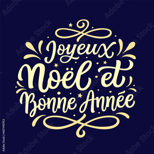 Merry Christmas and Happy New year in french. Hand lettering golden text on blue background. Vector typography for new year decorations, cards, posters, banners