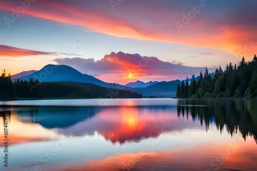 A breathtaking sunset over a serene lake, with vibrant hues of orange, pink, and purple painting the sky