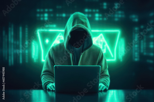 Hoodie hacker cyber security using laptop. Techonology concept. Generative ai.
