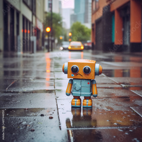 Little sad robot on a rainy street – made with generative AI 