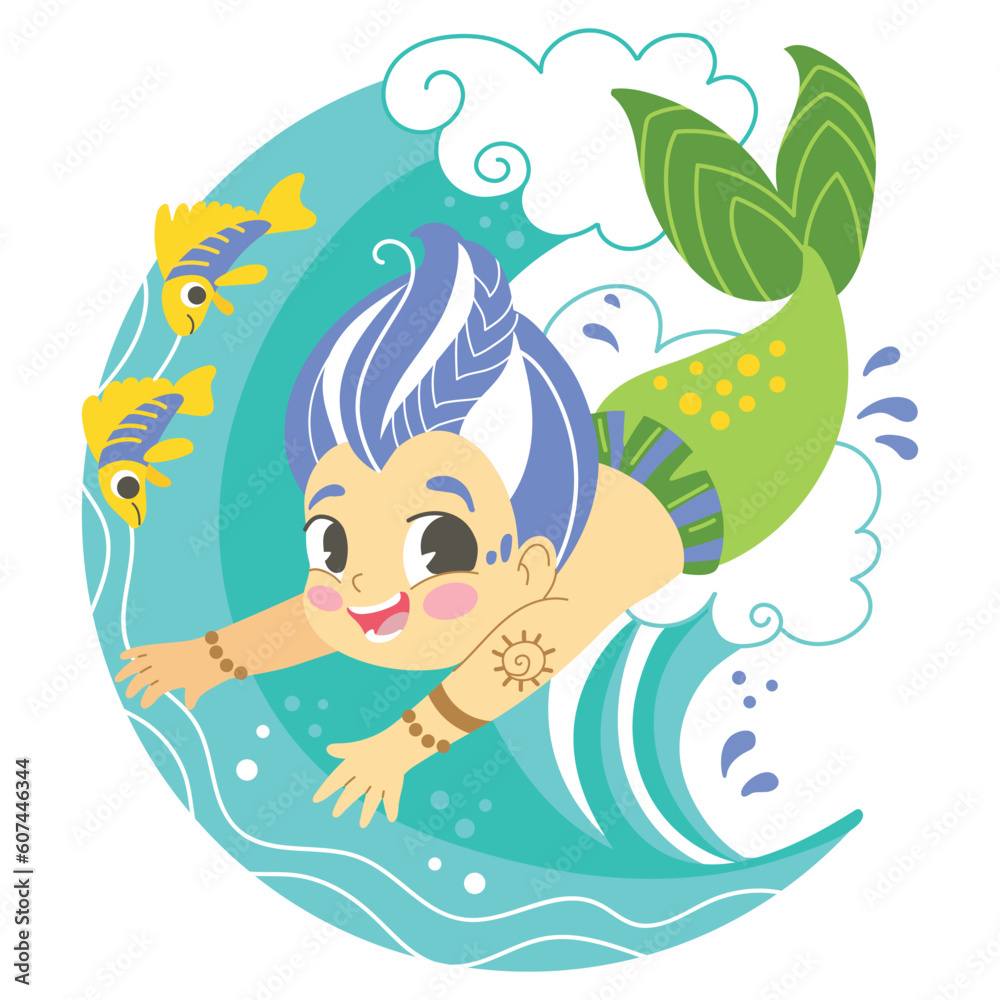 Cute cartoon mermaid boy jumping on a waves vector Cute cartoon mermaid boy jumping on a waves vector