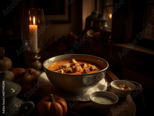Steaming Bowl of Pumpkin Soup Being Garnished With Croutons in a Dimly Lit Dining Room During a Chilly Autumn Evening. Food Photography
