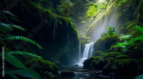 Waterfall in the rainforest of New Zealand. Beautiful nature background. Generative ai