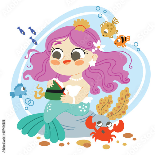 Fototapeta Naklejka Na Ścianę i Meble -  Cute cartoon mermaid with a sandwich vector illustration