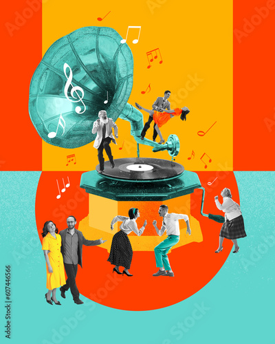 Group of people attending party, dancing, enjoying leisure time. Contemporary art collage. Retro style.Concept of music, lifestyle, art of sound, performance. Creative bright design