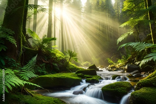 A mystical scene in the rainforest  with sunlight filtering through the dense foliage and illuminating a carpet of ferns. 