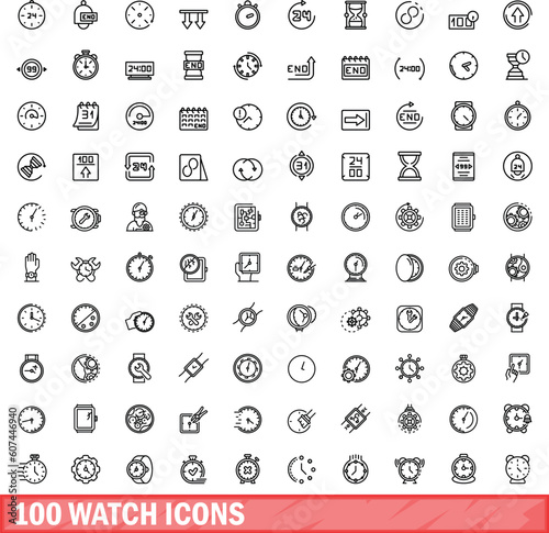 100 watch icons set. Outline illustration of 100 watch icons vector set isolated on white background