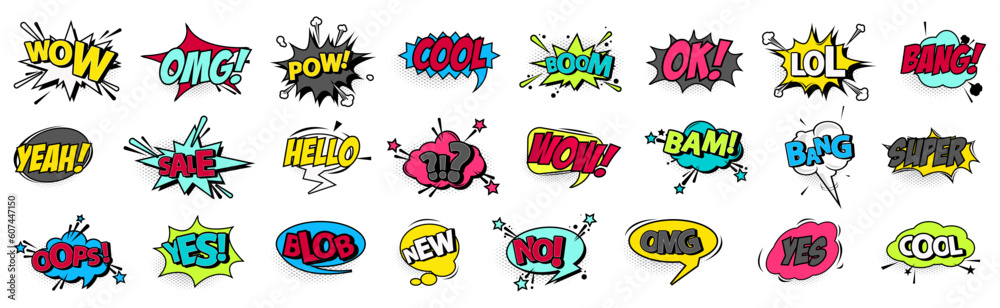 Obraz premium Comics speech bubble collection with halftone. Set of cartoon comics bubble elements